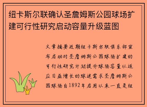 纽卡斯尔联确认圣詹姆斯公园球场扩建可行性研究启动容量升级蓝图